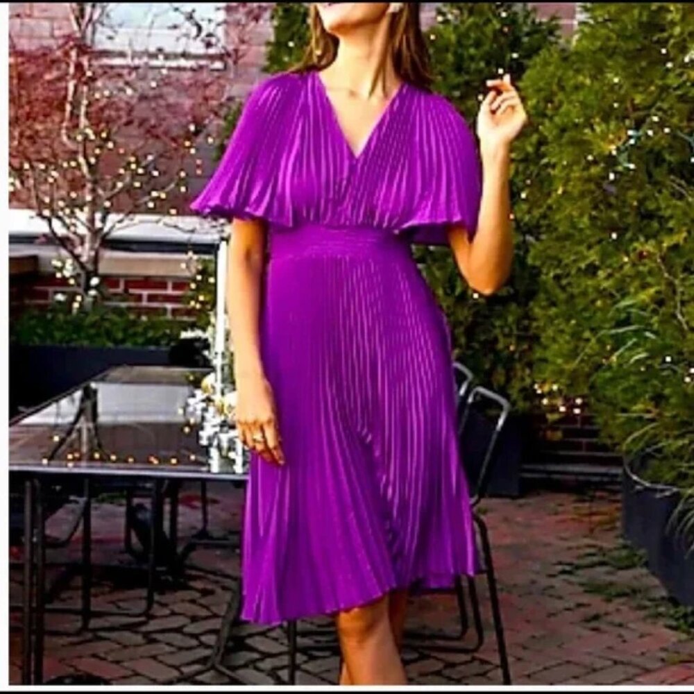 Express Women Sz XS Pleated Dress Smocked Waist Bell Sleeves Party Cocktail Midi